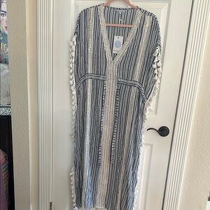 Blue Island Striped V-Neck Tassel Cover-Up